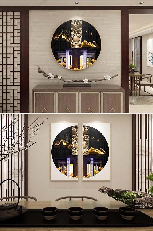 新中式创意圆形装饰画-众图网