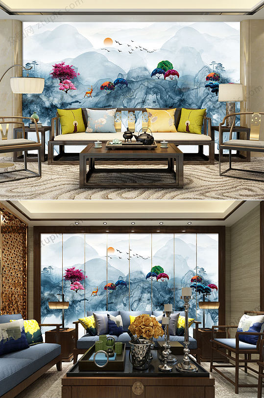 蓝色大气中式中式背景墙-众图网