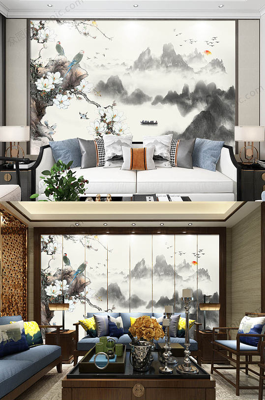 大气黄色中式沙发背景墙装饰画
