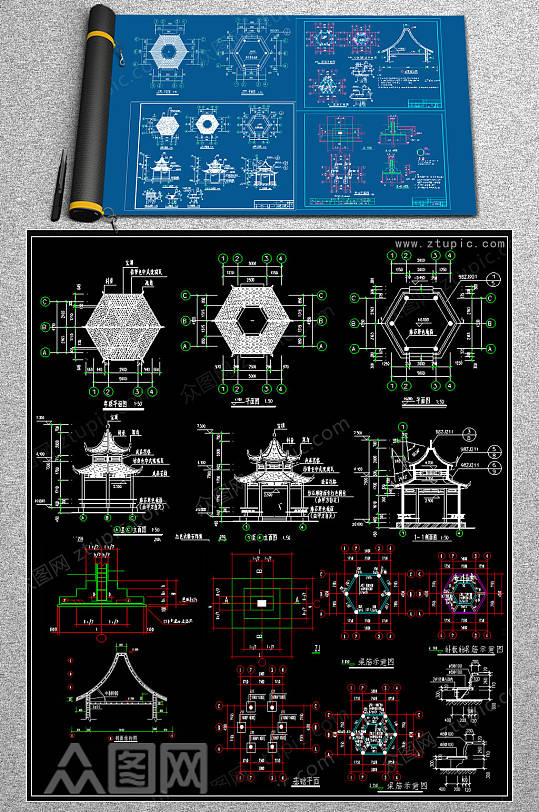 仿古六角亭CAD模版-众图网