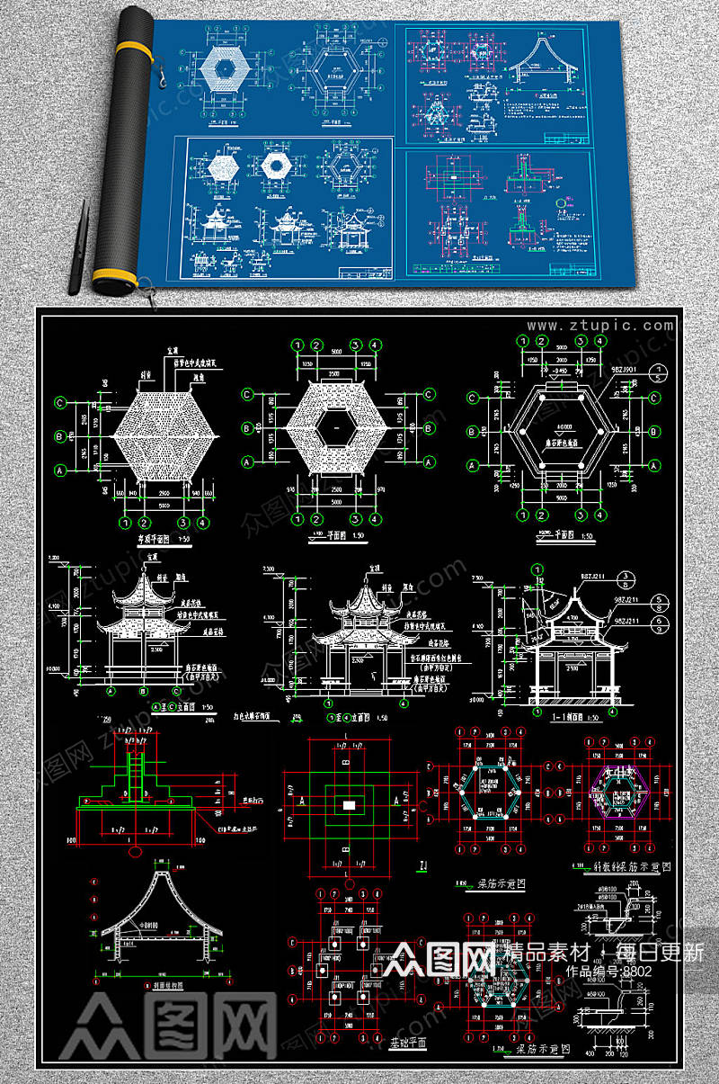 仿古六角亭CAD模版素材