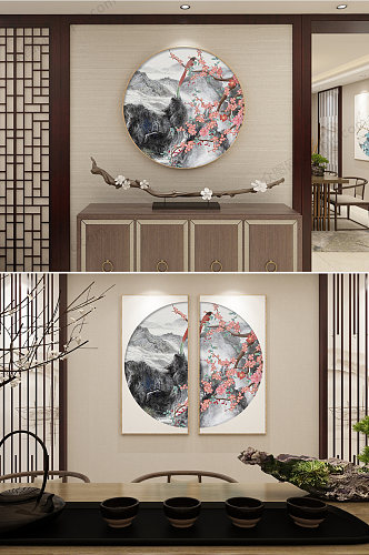 新中式两联花鸟装饰画设计