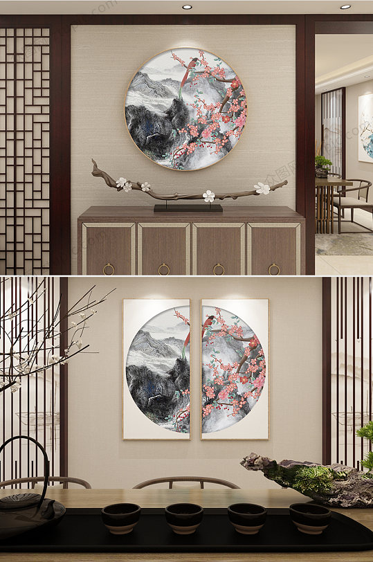 新中式两联花鸟装饰画设计
