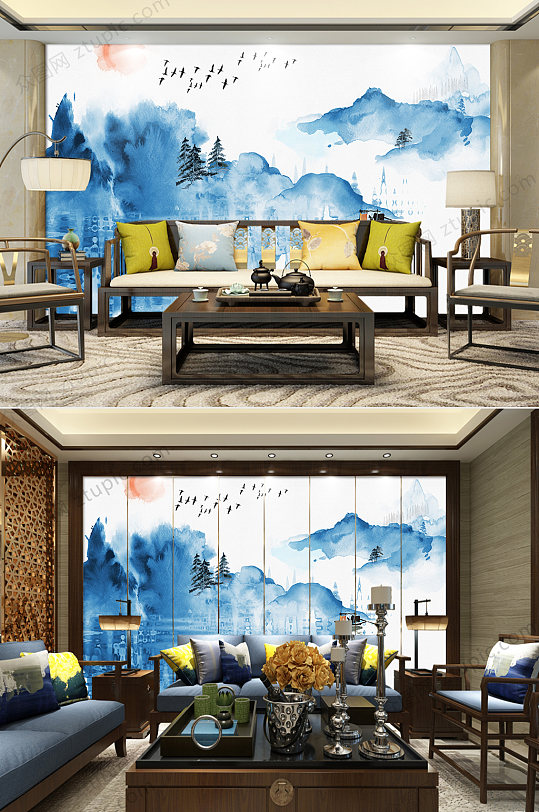 新中式水墨电视背景墙设计-众图网