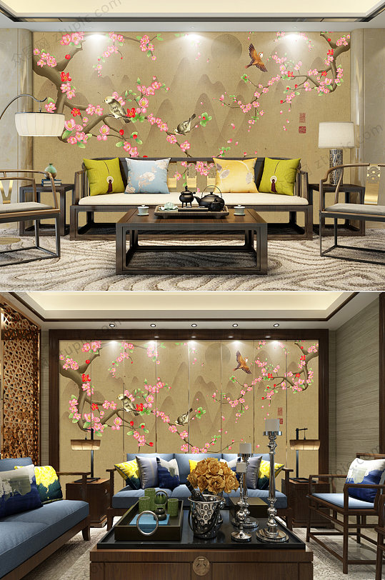 原创新中式工笔花鸟山水背景墙装饰画-众图网