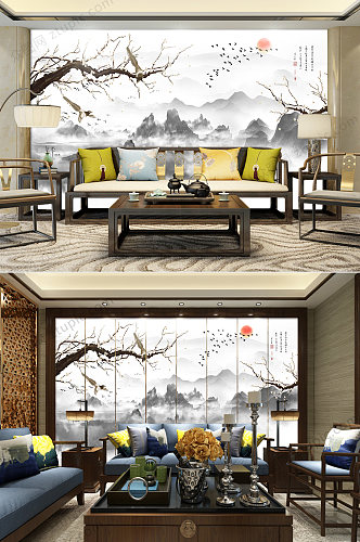 新中式花鸟背景墙装饰画设计