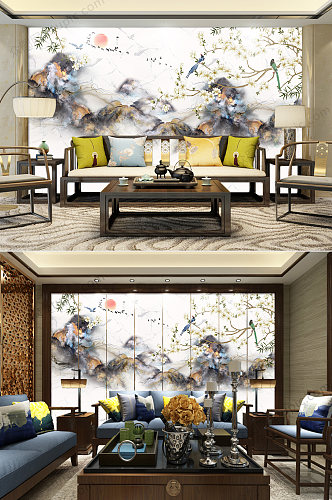 新中式手绘玉兰花背景墙设计