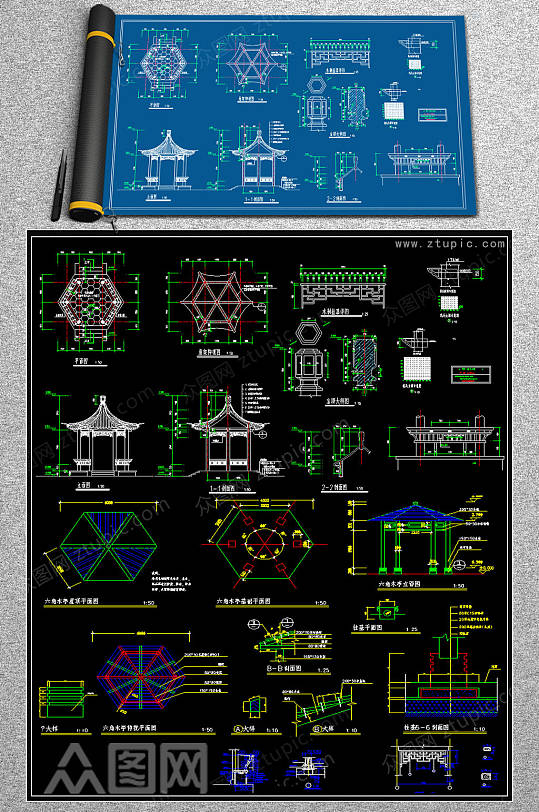 精品六角亭CAD合集-众图网