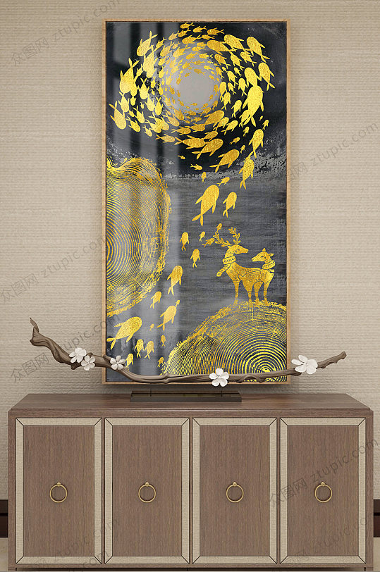 新中式现代抽象鎏金山水金色飞鱼晶瓷装饰画