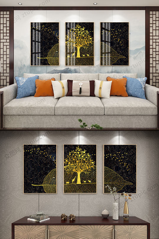 金色发财树飞鸟客厅装饰三联画