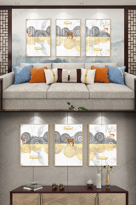 原创抽象山水风景麋鹿现代简约北欧装饰画-众图网