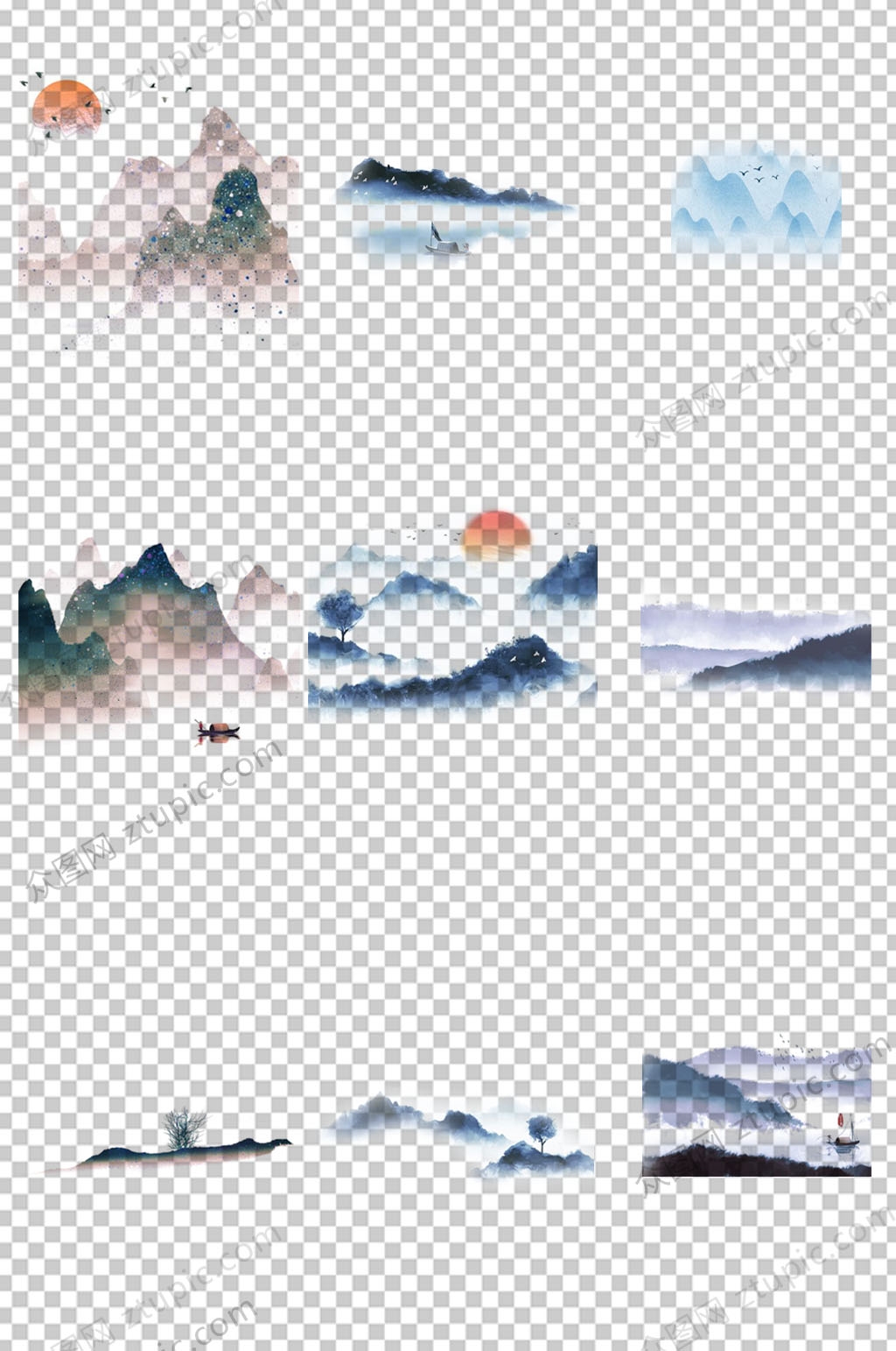 淡雅新中式水墨山水免抠素材素材
