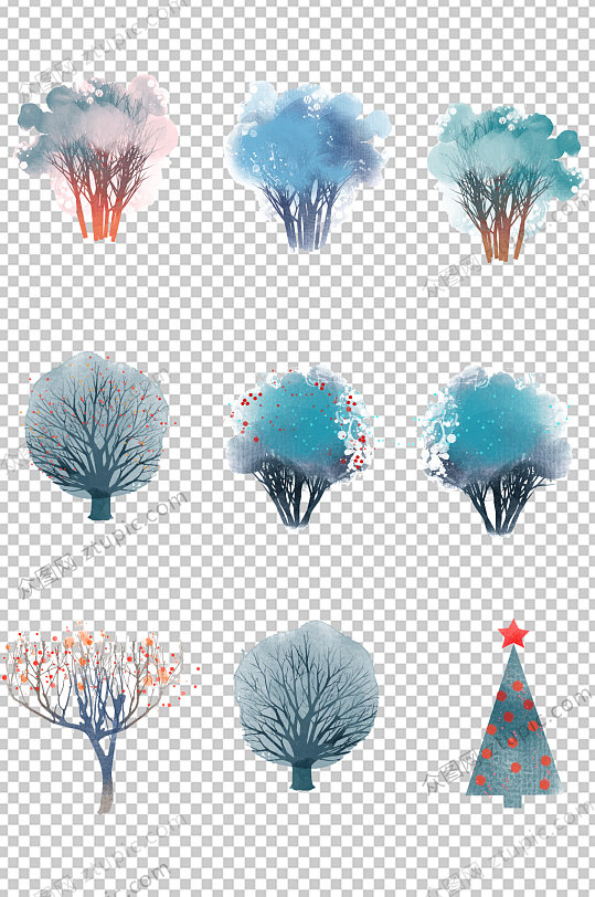 水彩手绘树木透明树元素树素材
