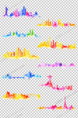 地标建筑水彩城市剪影免抠素材
