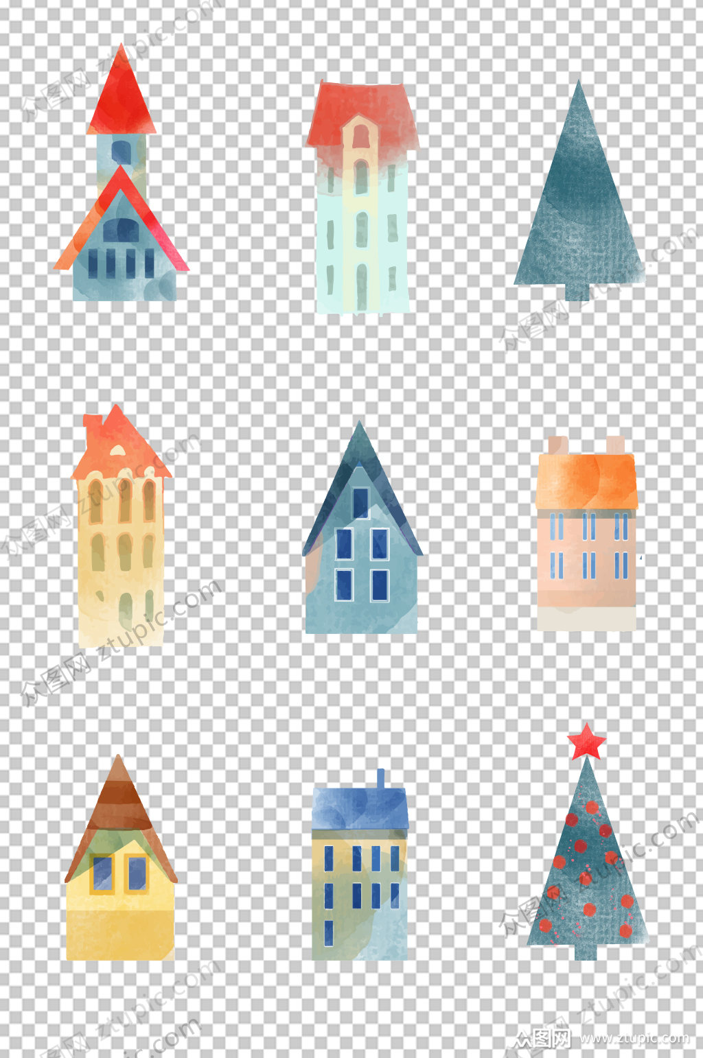 免扣水彩多彩房子元素模板下载-编号9221-众图网