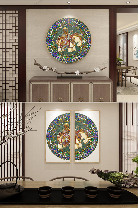 珐琅彩钻石现代简约玄关晶瓷大象轻奢装饰画