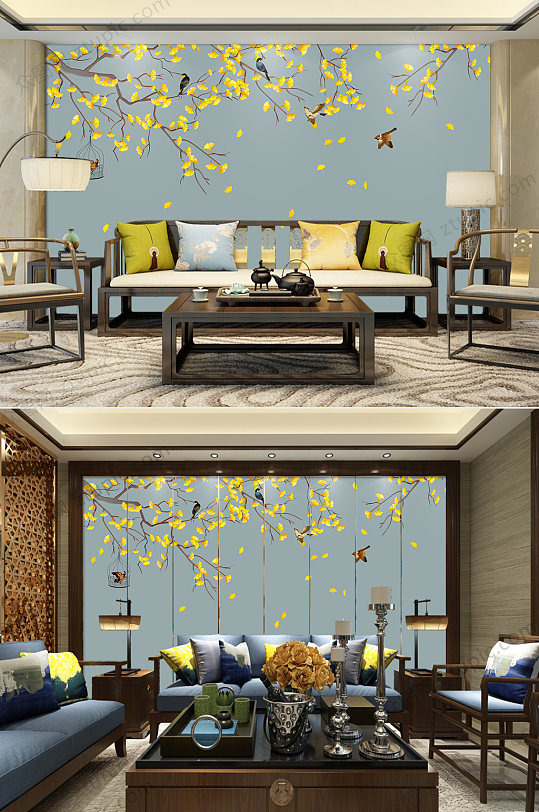 原创手绘银杏工笔花鸟新中式背景墙装饰画-众图网