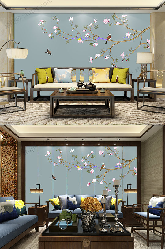 原创新中式玉兰花工笔花鸟背景墙装饰画