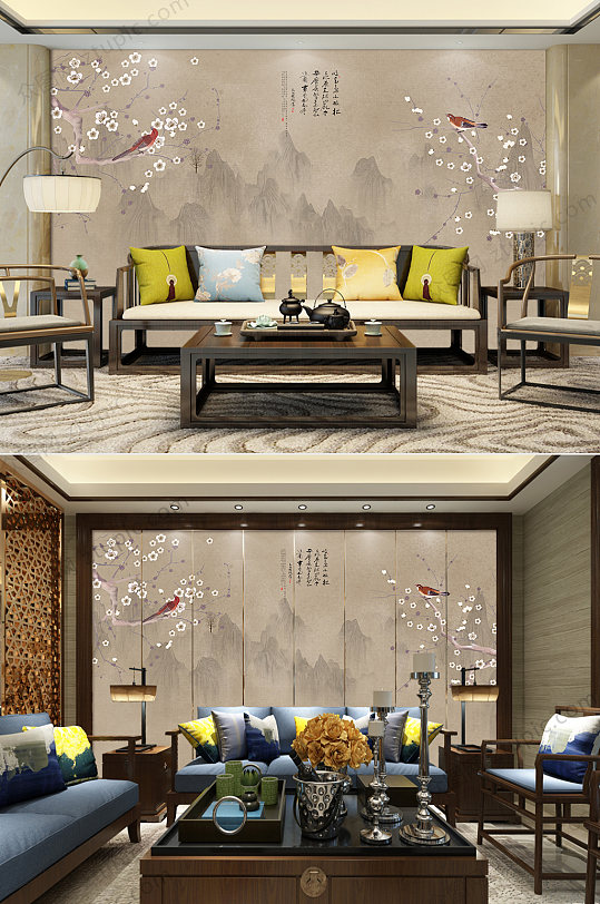 原创新中式工笔花鸟背景墙装饰画