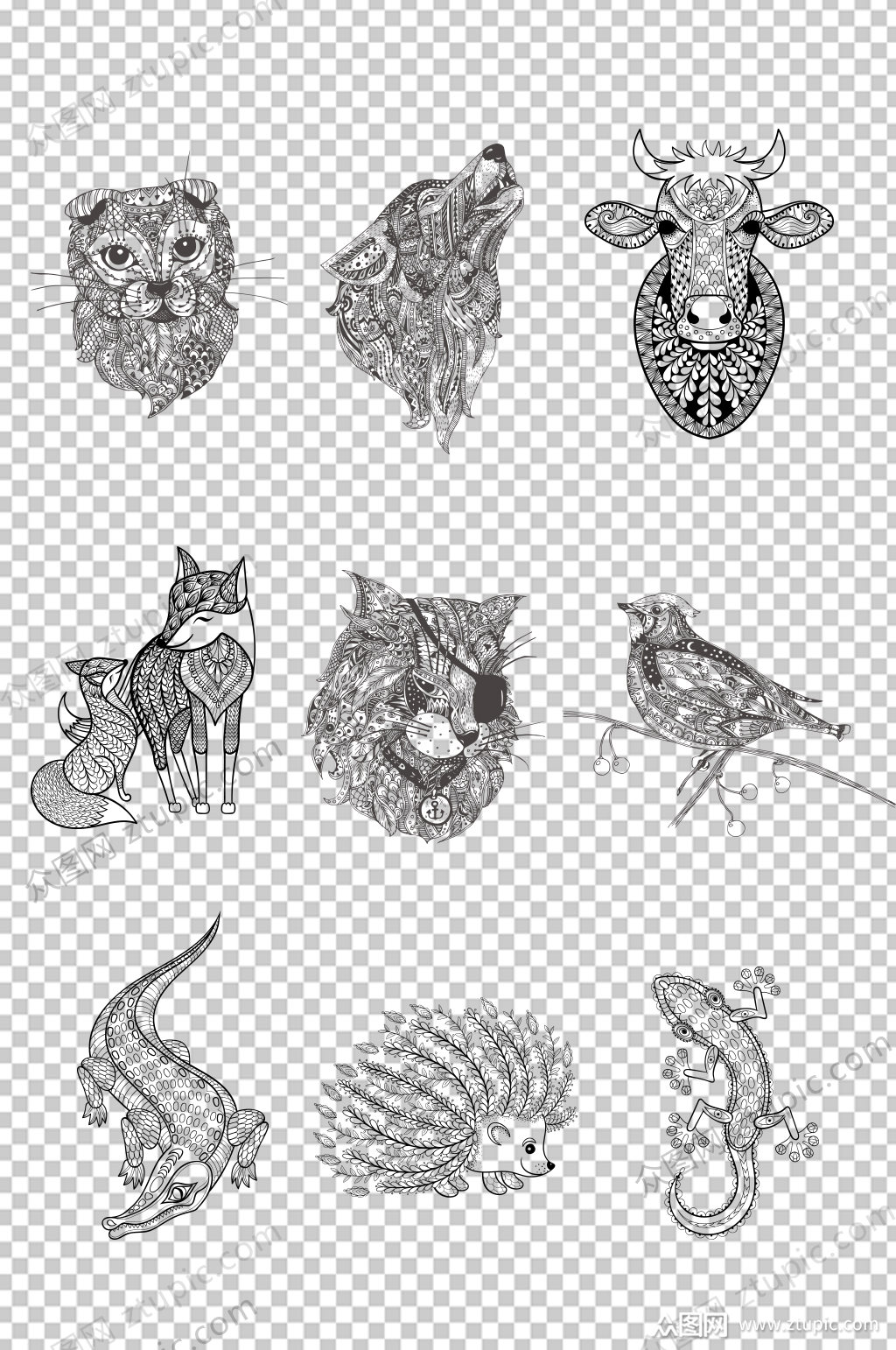 动物线稿手绘png元素素材