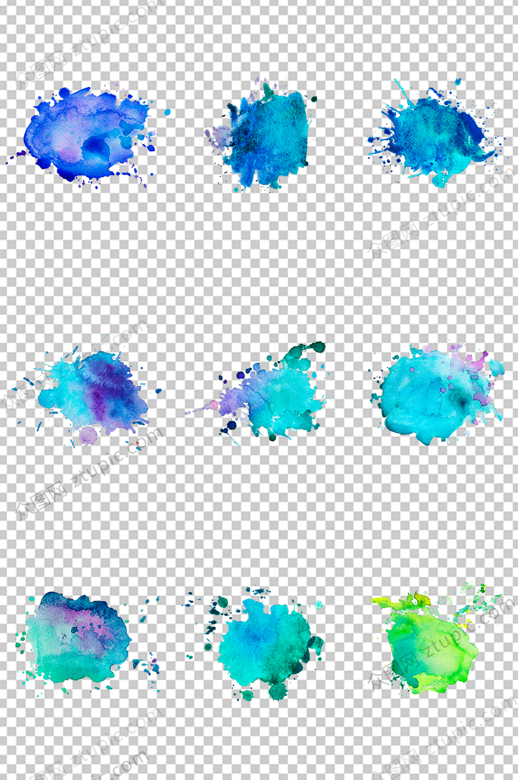 蓝绿水彩墨点笔触素材