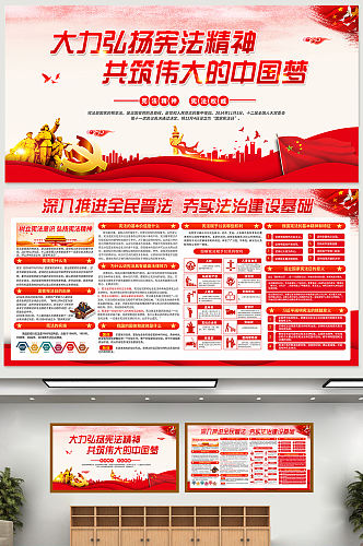 红色大气宪法精神中国梦法制展板