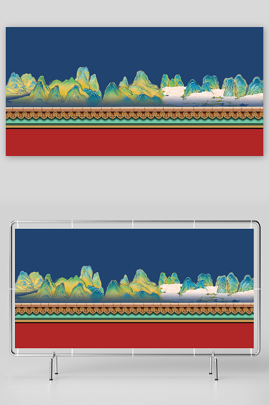 红墙青绿山水背景-众图网