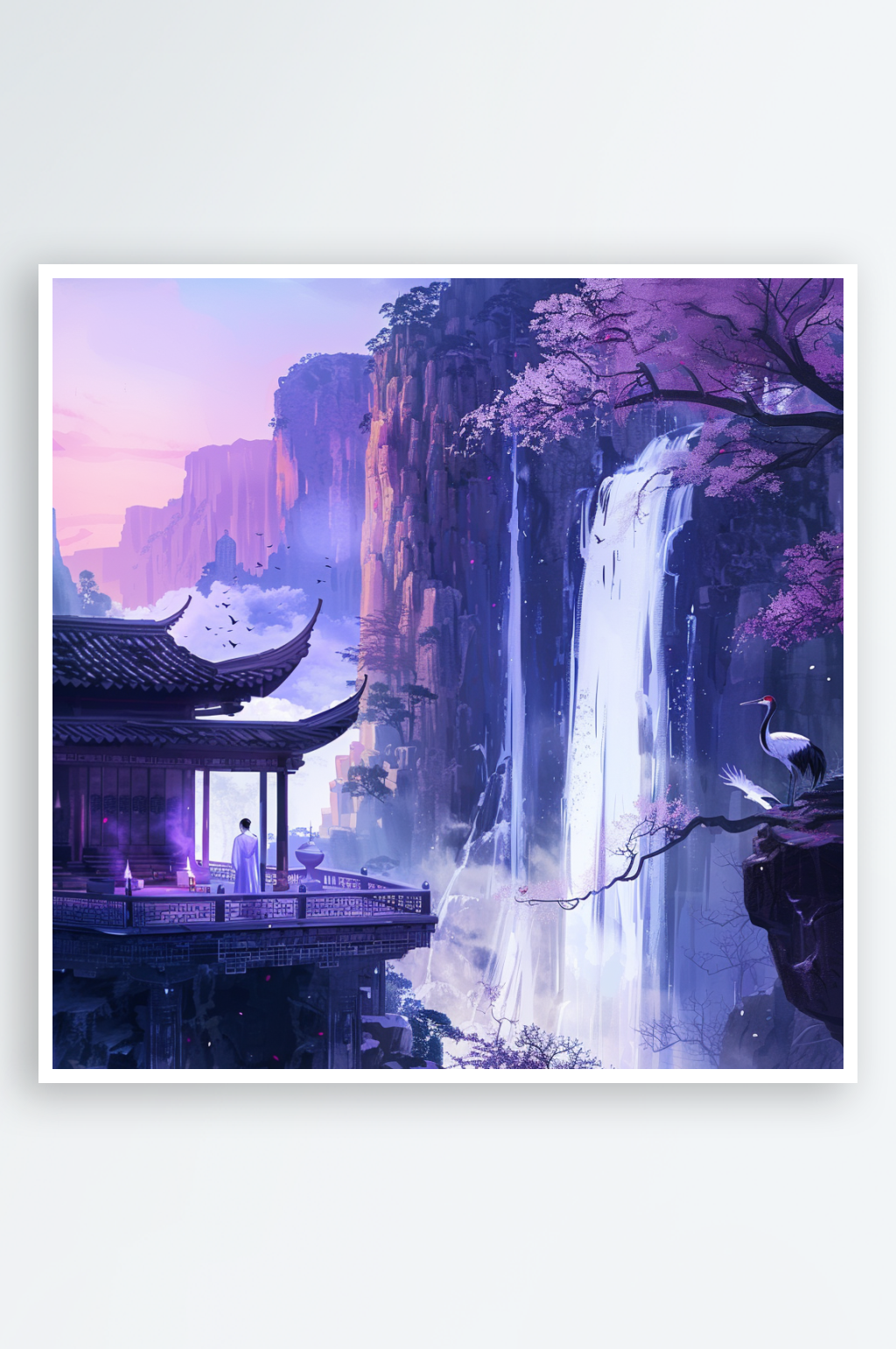 水墨画一望庐上瀑布一李白素材