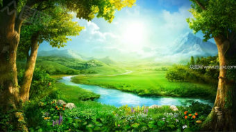 春天小河流水草原美景-众图网