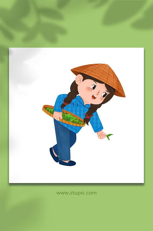 卡通扁平采茶茶叶人物插画