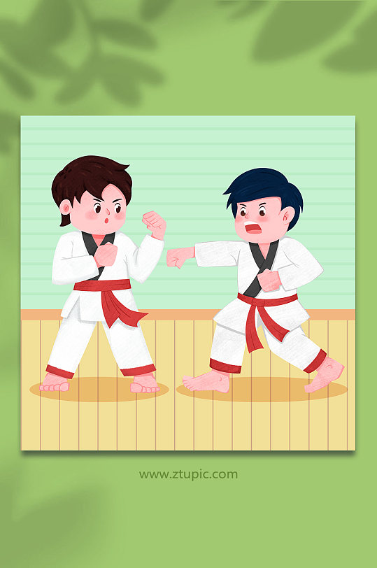 卡通少儿运动双人跆拳道人物插画
