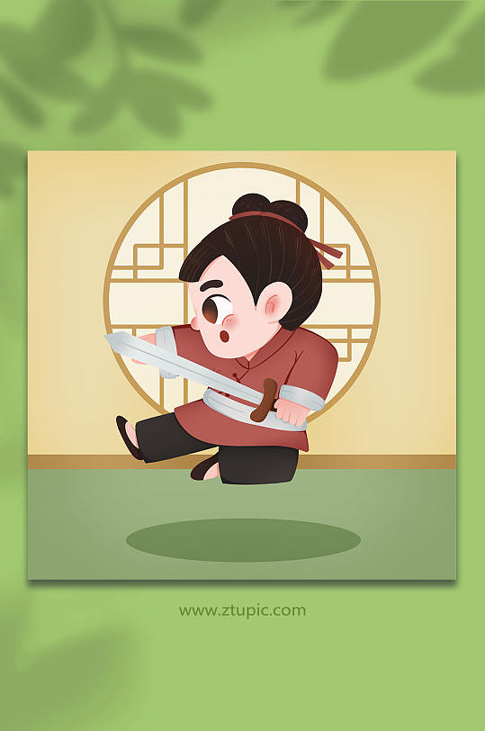 卡通耍枪少儿男孩武术人物插画塑造完美体形瑜伽锻炼海报卡通打拳男孩
