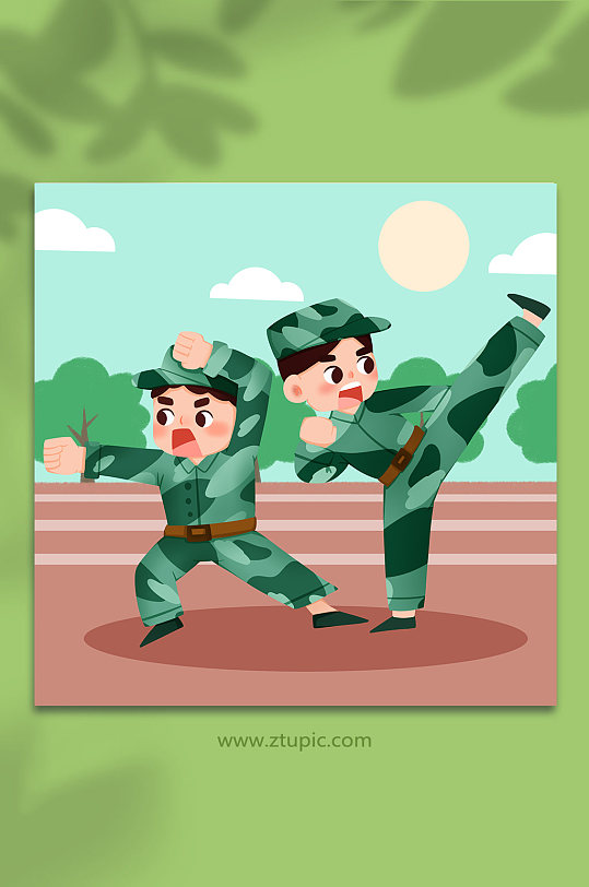 卡通军体拳新生军训人物插画