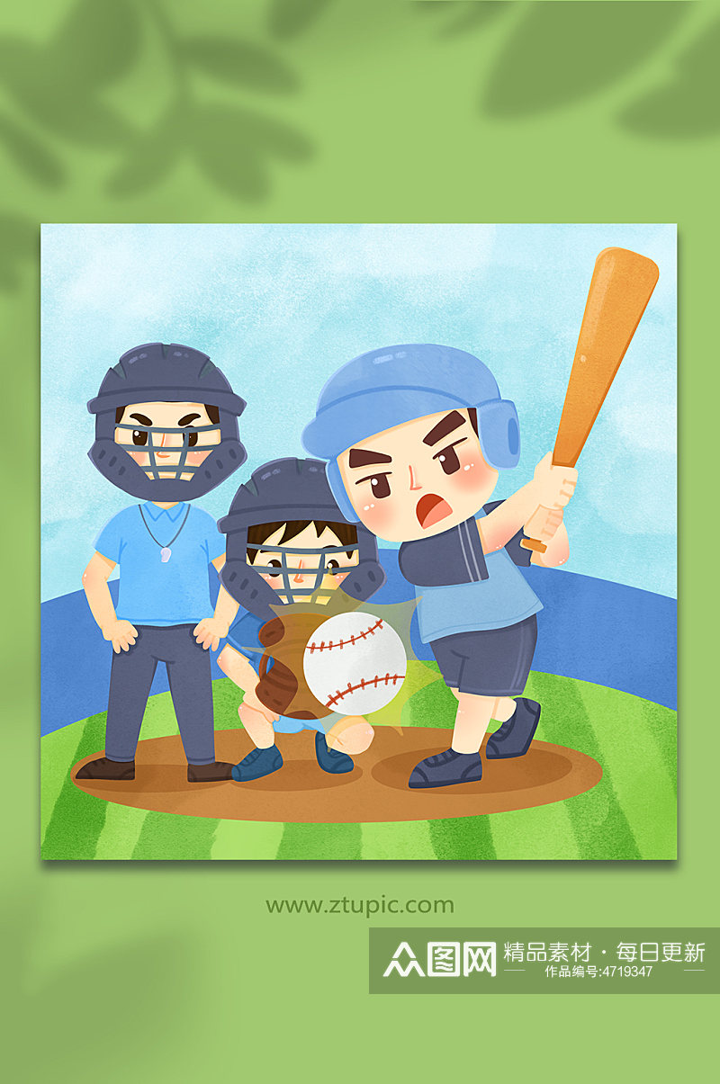 卡通击球瞬间棒球运动人物插画素材