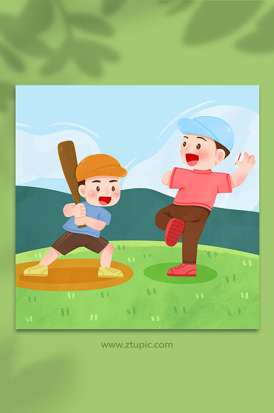 野外练习棒球运动人物插画