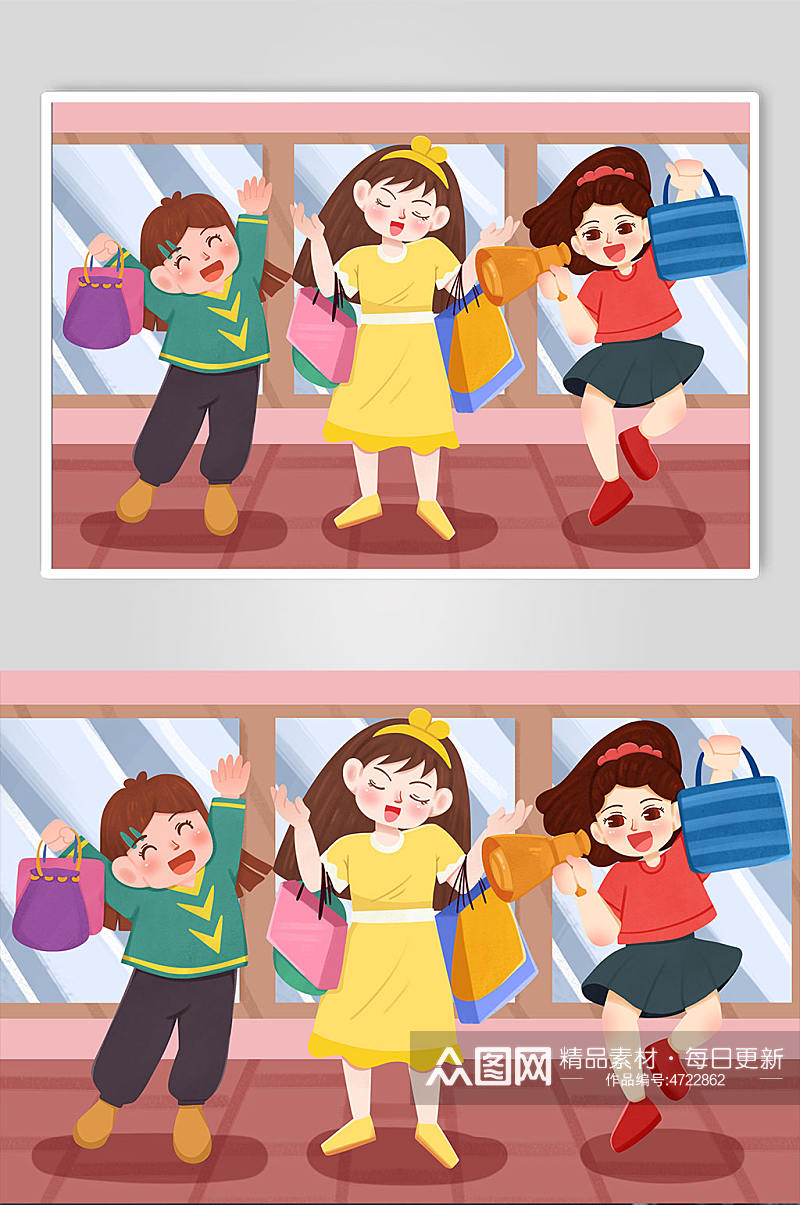 卡通手绘买买买女生双十一购物人物插画素材下载-众图网