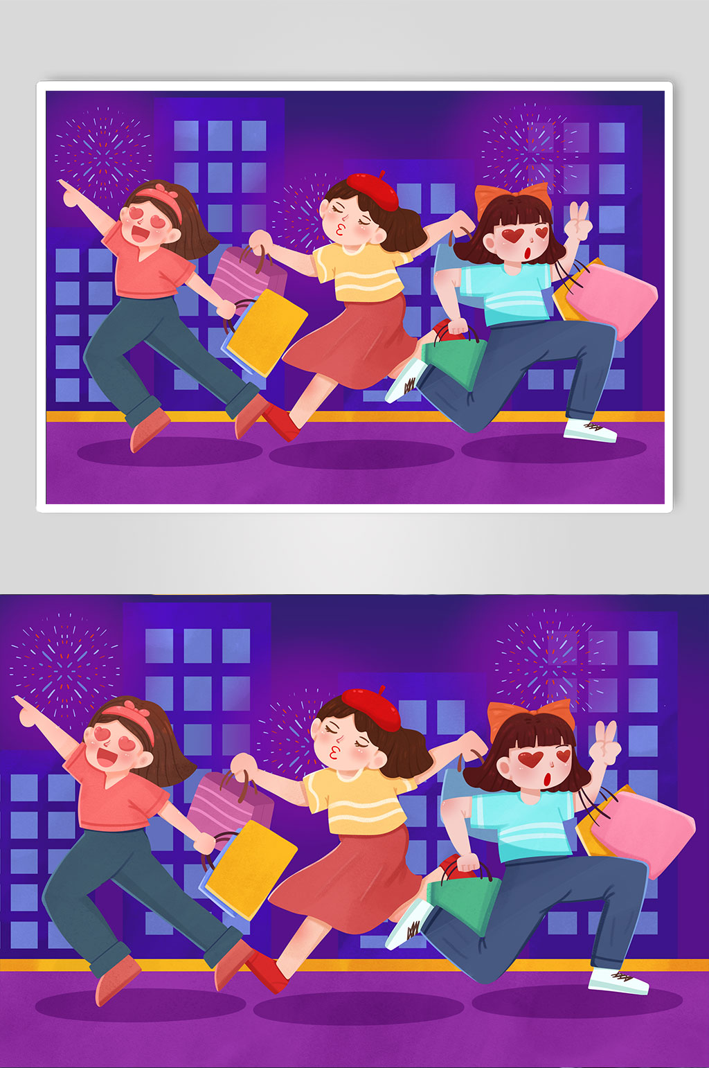 卡通手繪女生瘋狂雙十一購物人物插畫素材