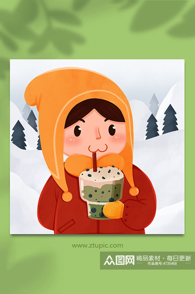 雪地冬季奶茶人物插画素材