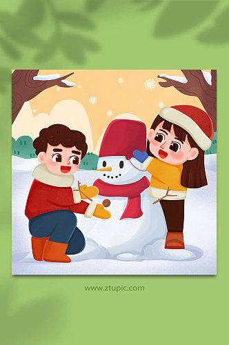 卡通手绘堆雪人小雪节气人物插画