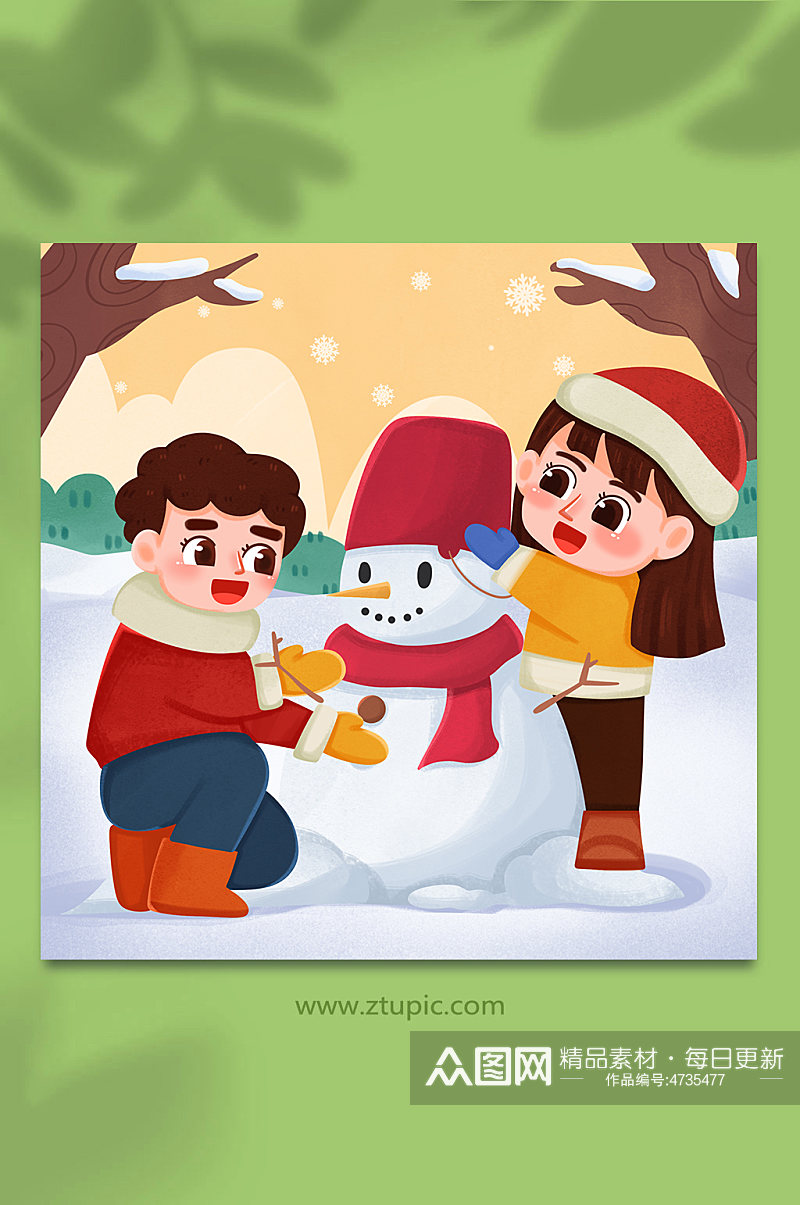 卡通手绘堆雪人小雪节气人物插画素材