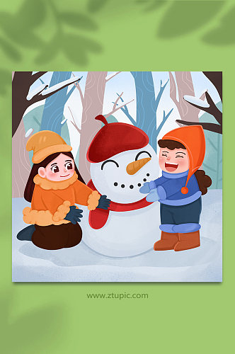 卡通可爱小雪节气人物插画