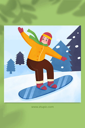 扁平化快乐冬季滑雪人物插画