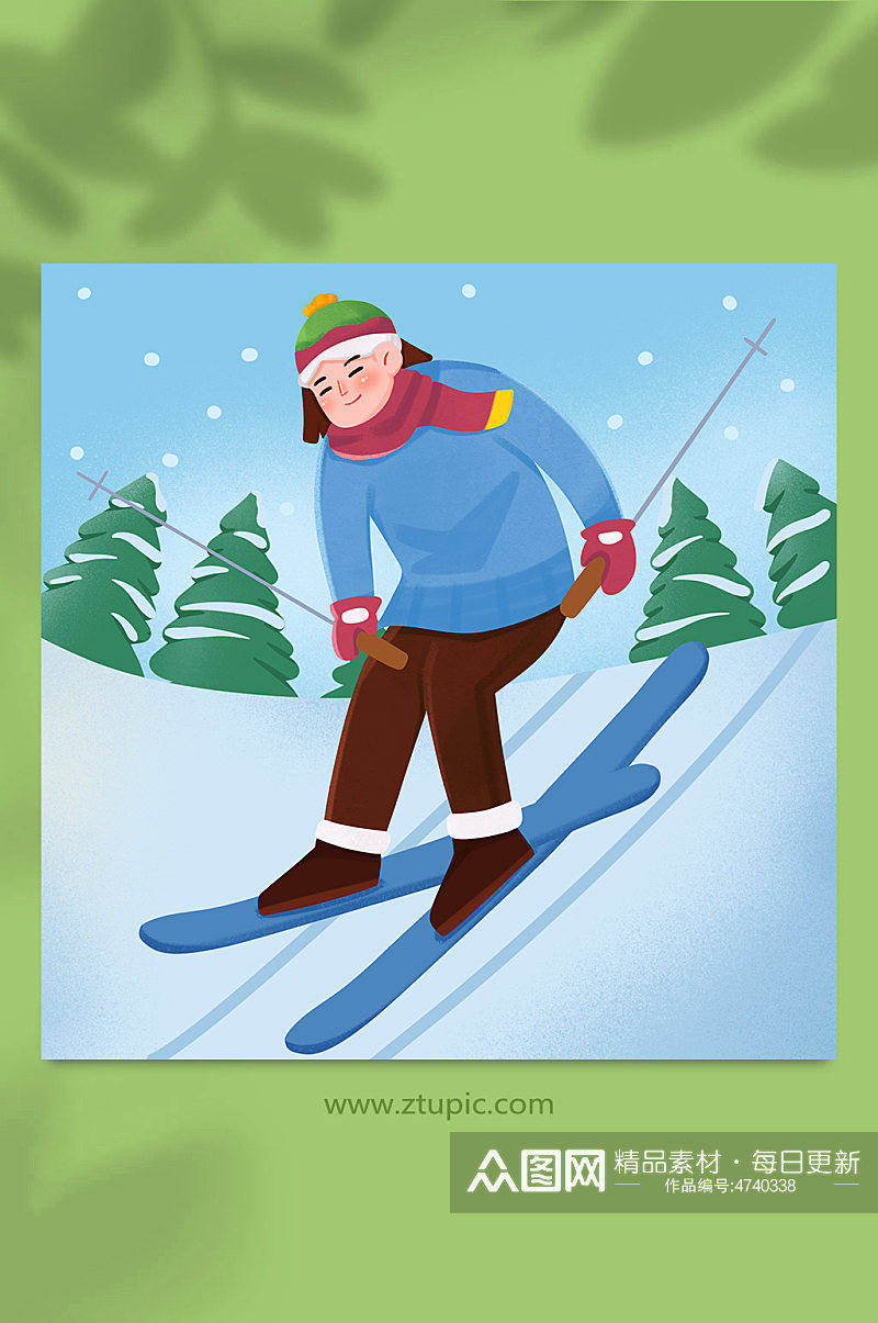 扁平化室外雪场冬季滑雪人物插画素材
