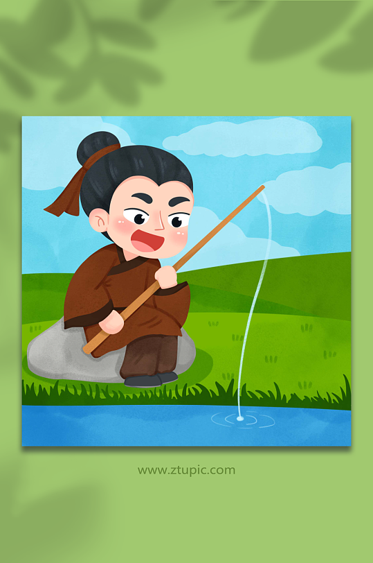 古风可爱垂钓人物插画