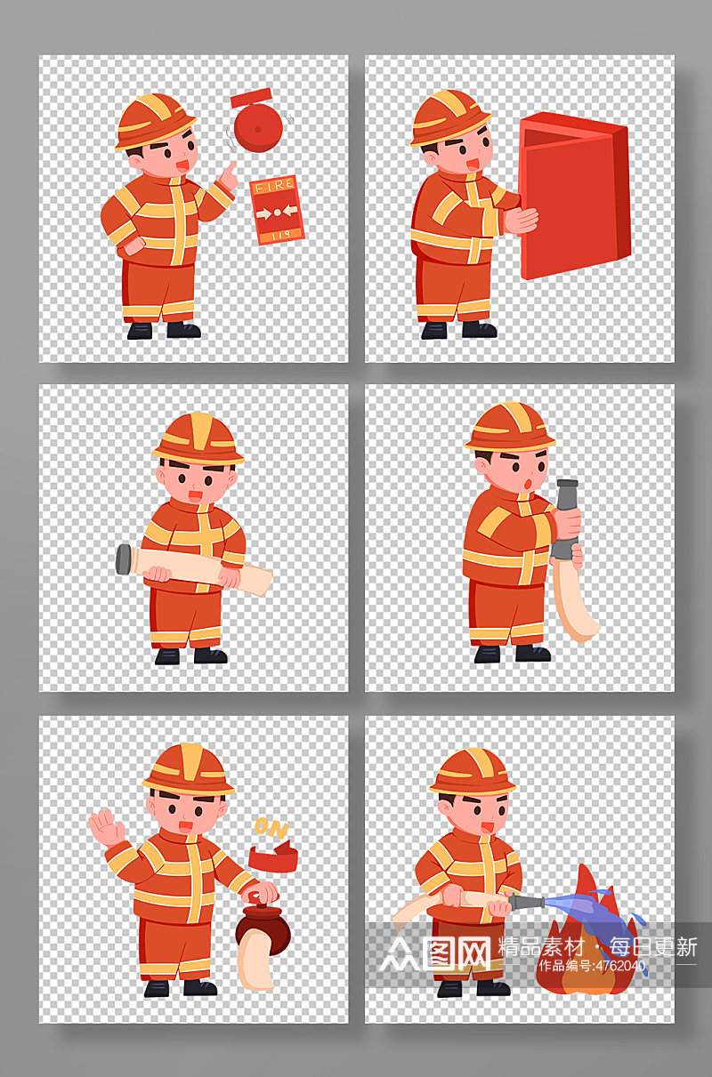 卡通男生手绘消防栓使用方法插画元素素材