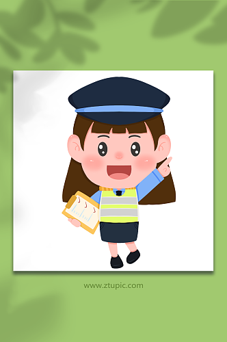 审查可爱长发女警察人物元素插画