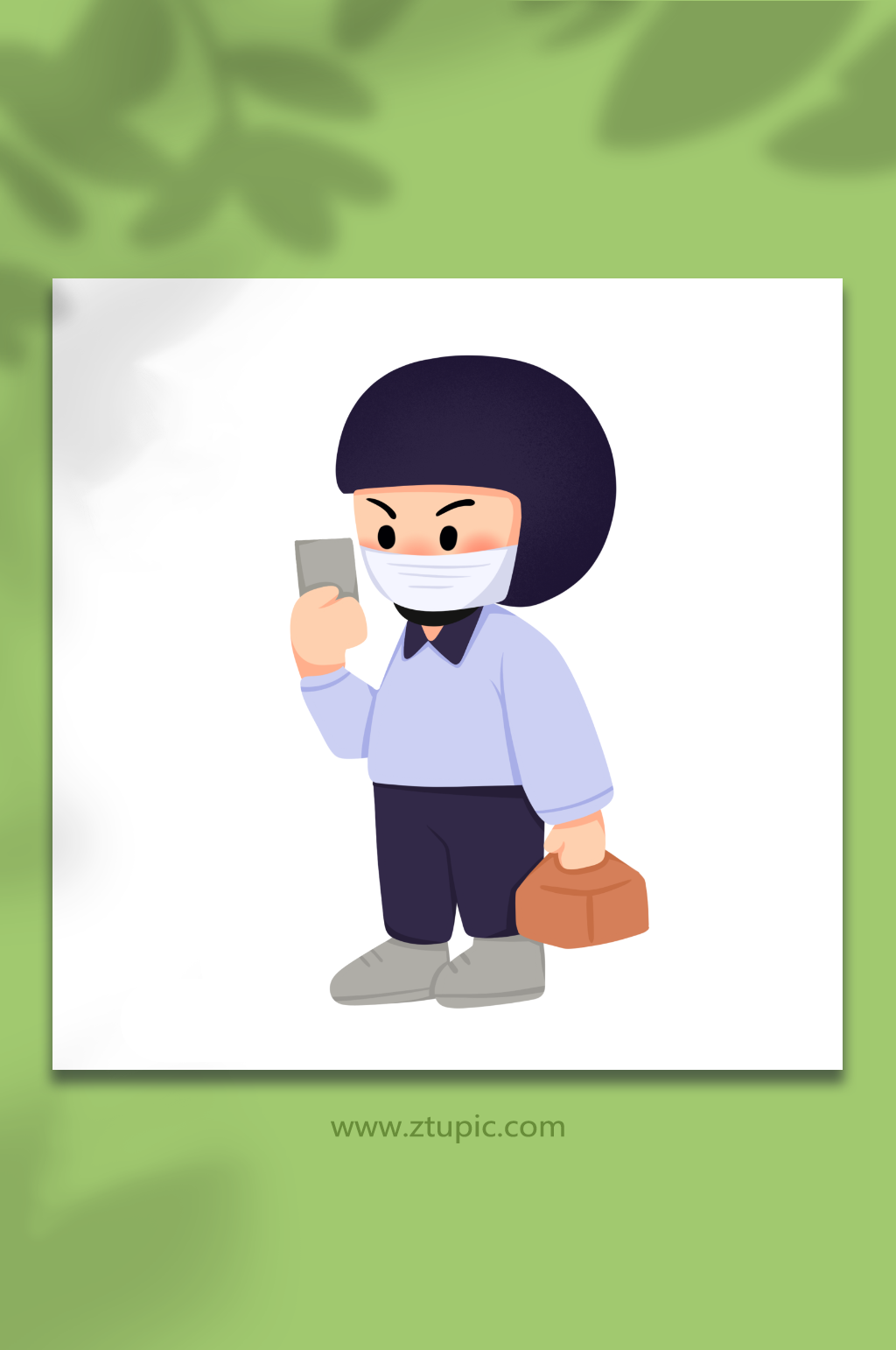 电话紫蓝色疫情防疫无接触外卖小哥元素插画素材