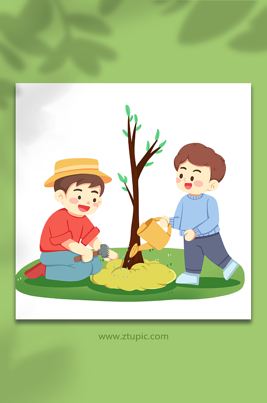 卡通爱护植物植树节人物插画