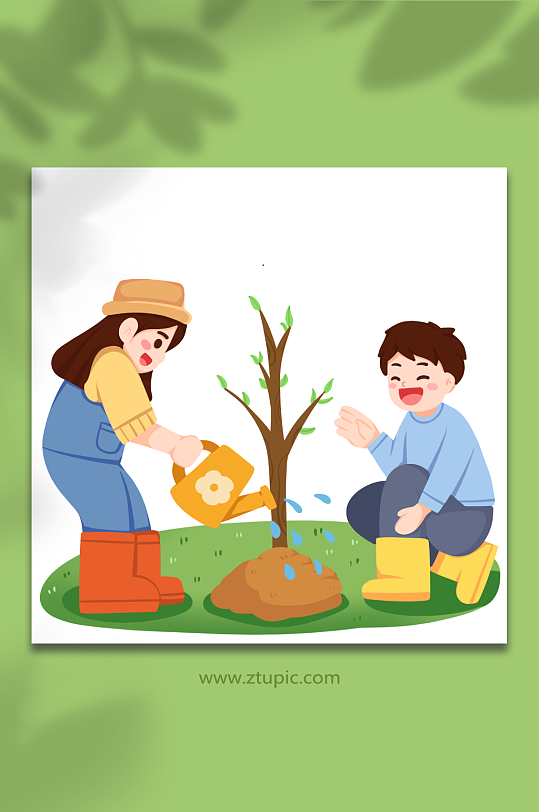 卡通植树浇水植树节人物插画-众图网