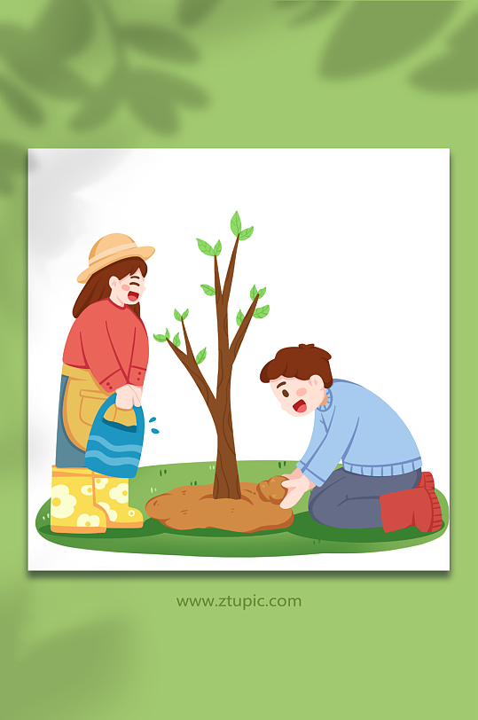 卡通提水灌溉植树节人物插画-众图网